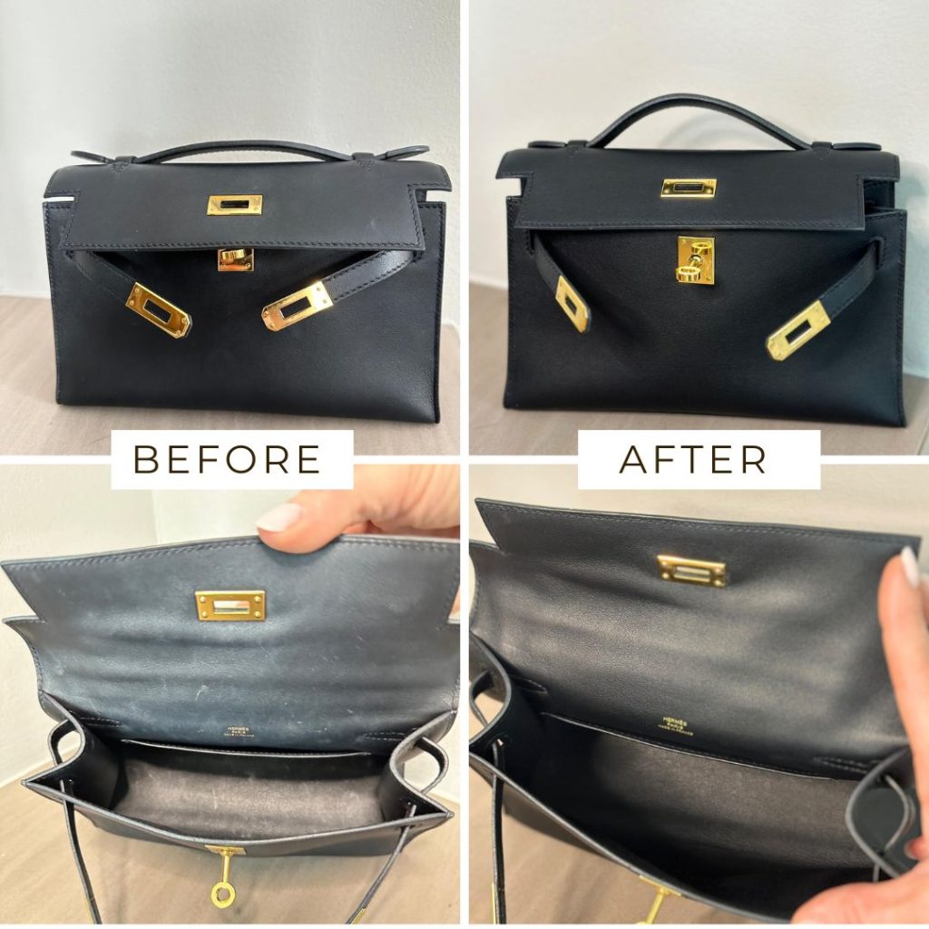 Reinigung Hermes Kelly mit Glowbag Vorher - Nachher