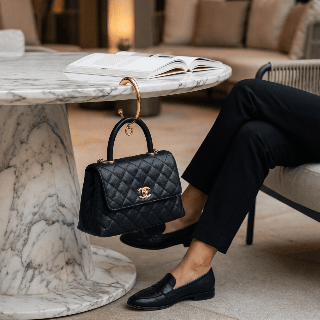 Taschenhalter für den Tisch gold mit Chanel hängend an Tisch